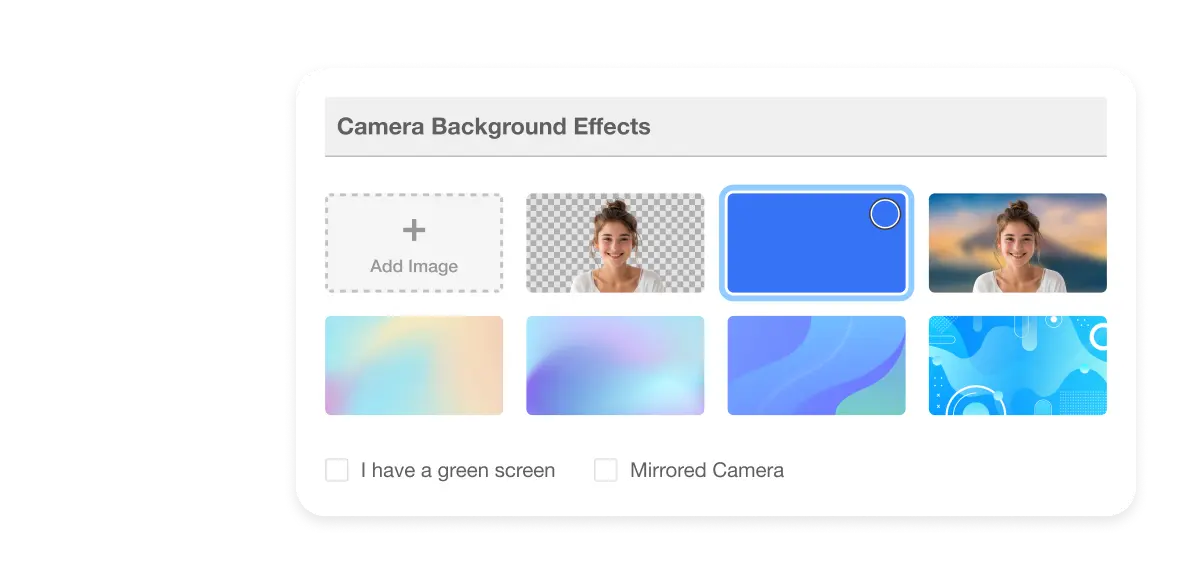 Selection of Virtual Camera Background options including green screens and blurred images for a customized recording setup.